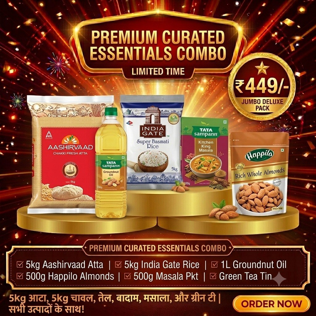 Premium Curated Essentials Grocery Combo Pack – 5kg Atta, 5kg Basmati Rice, 1L Groundnut Oil, Almonds, Masala & Green Tea | Value Family Pack